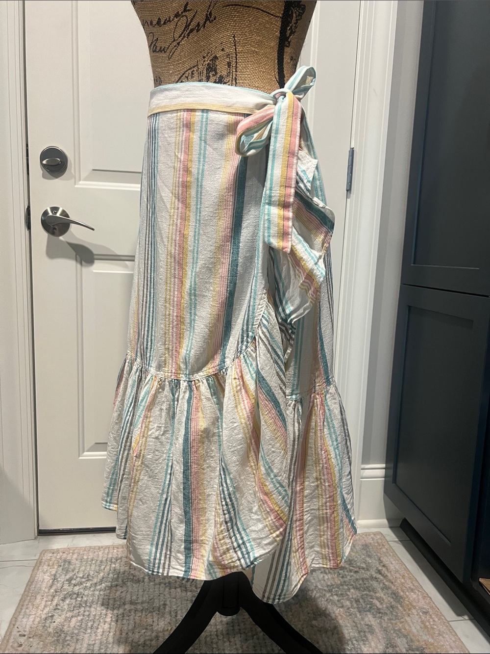 Chaps Pastel Stripe Linen/Cotton Sz M Wrap/Tie Midi Skirt Boho Vacation Resort